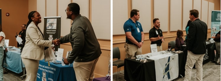 photos of students talking to recruiters at career tables at the 2024 MGA Career Fair